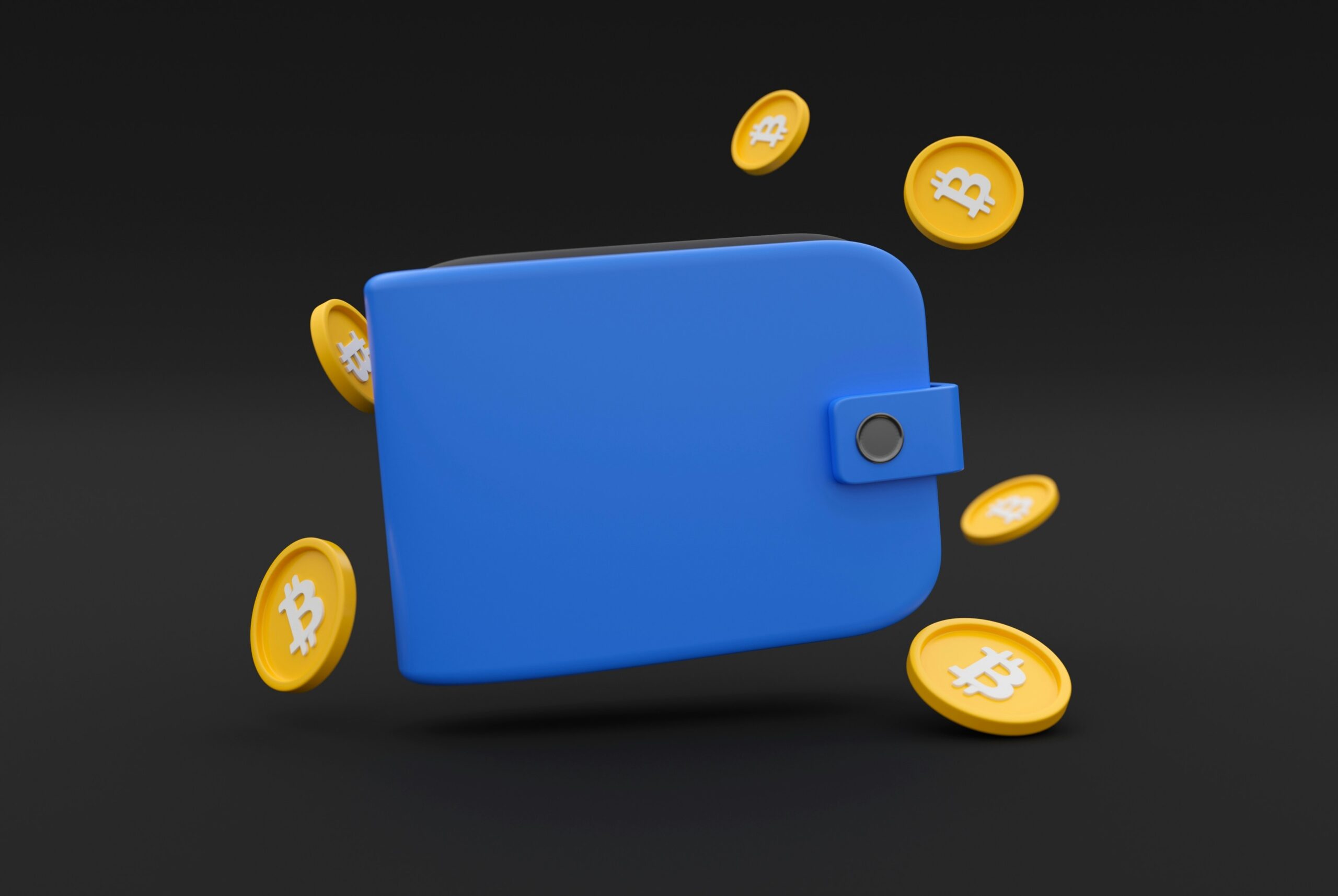 Illustration of blue wallet with bitcoins coming out.