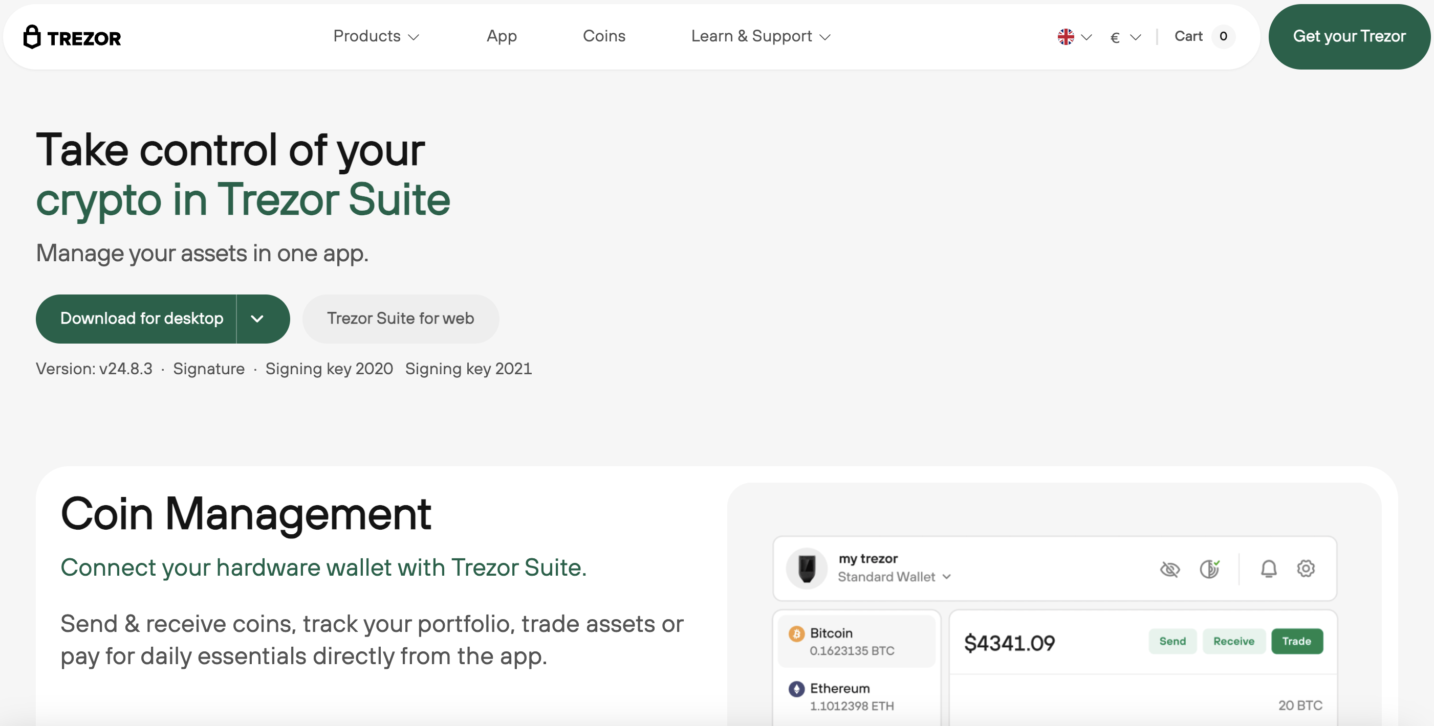 Screenshot of Trezor app download page.