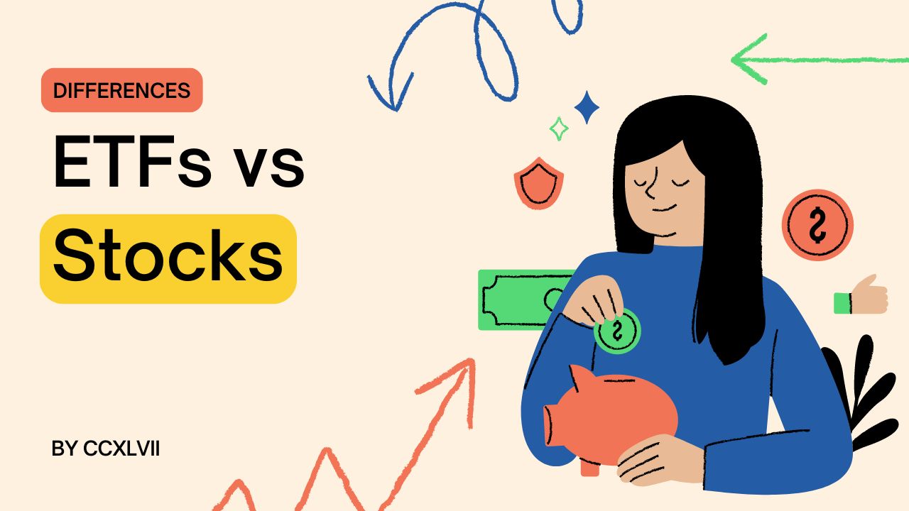 Graphic reading "ETFs vs stocks".