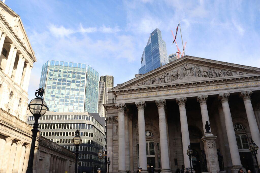 Old building with pillars in London.