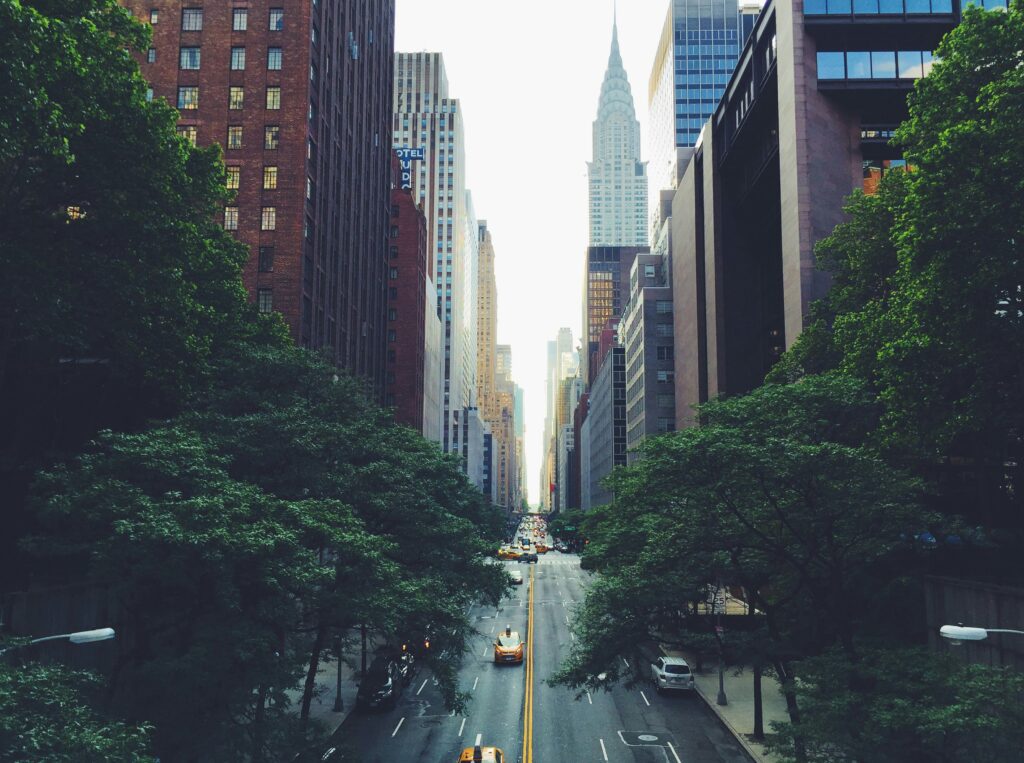 Aerial short in between buildings of New York city.