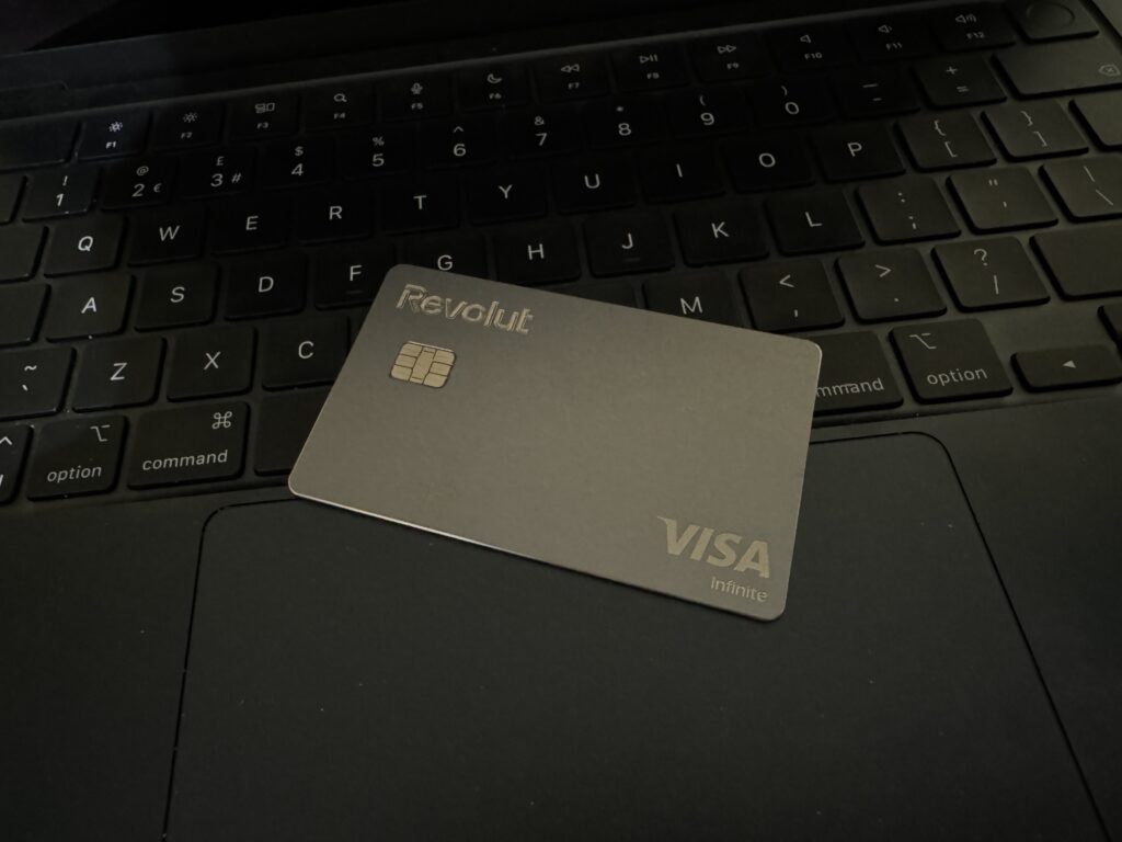 Revolut debit card on Mac keyboard.